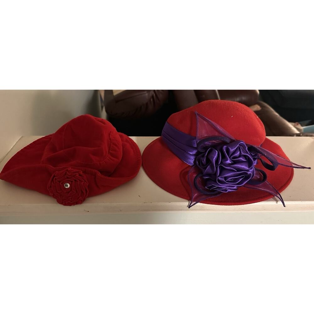 VTG Lot 2 Red Wool Velvet Cotton Cloche Hats 90s Women's Hippy Y2K Blossom